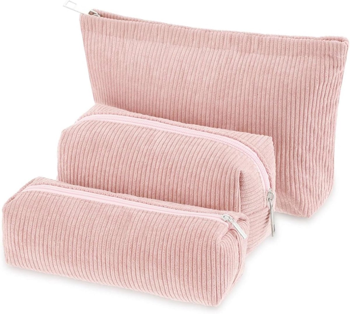 SnelShoppen - 3 Pcs Toilettas - Ribbed Velvet Reistas Cosmetica Organizer - Roze Zipper Accessoire Organizer - Ideaal voor Vakantie en Dagelijks Gebru