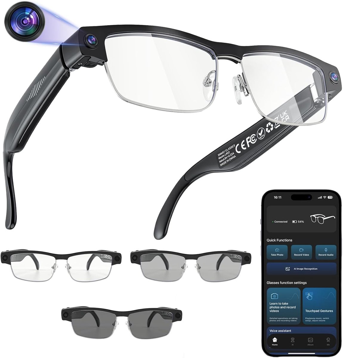 SnelShoppen - AI Smart Glasses met 8MP HD Camera, 1200p Video, Muziekafspeelfunctie, Dual Microfoon, Simultane Vertaling en Objectherkenning voor Reiz