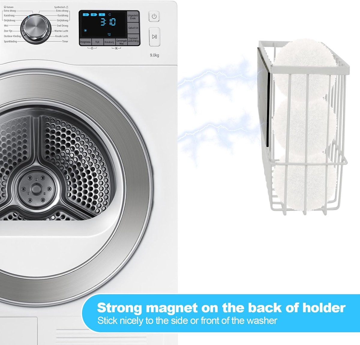 SnelShoppen - Magnetische Wasmand, Drogerbal Houder, Magnetische Wasbalhouder voor Wasdroger, Witte Kleine Organizer voor Sokken, Cans, Kleding