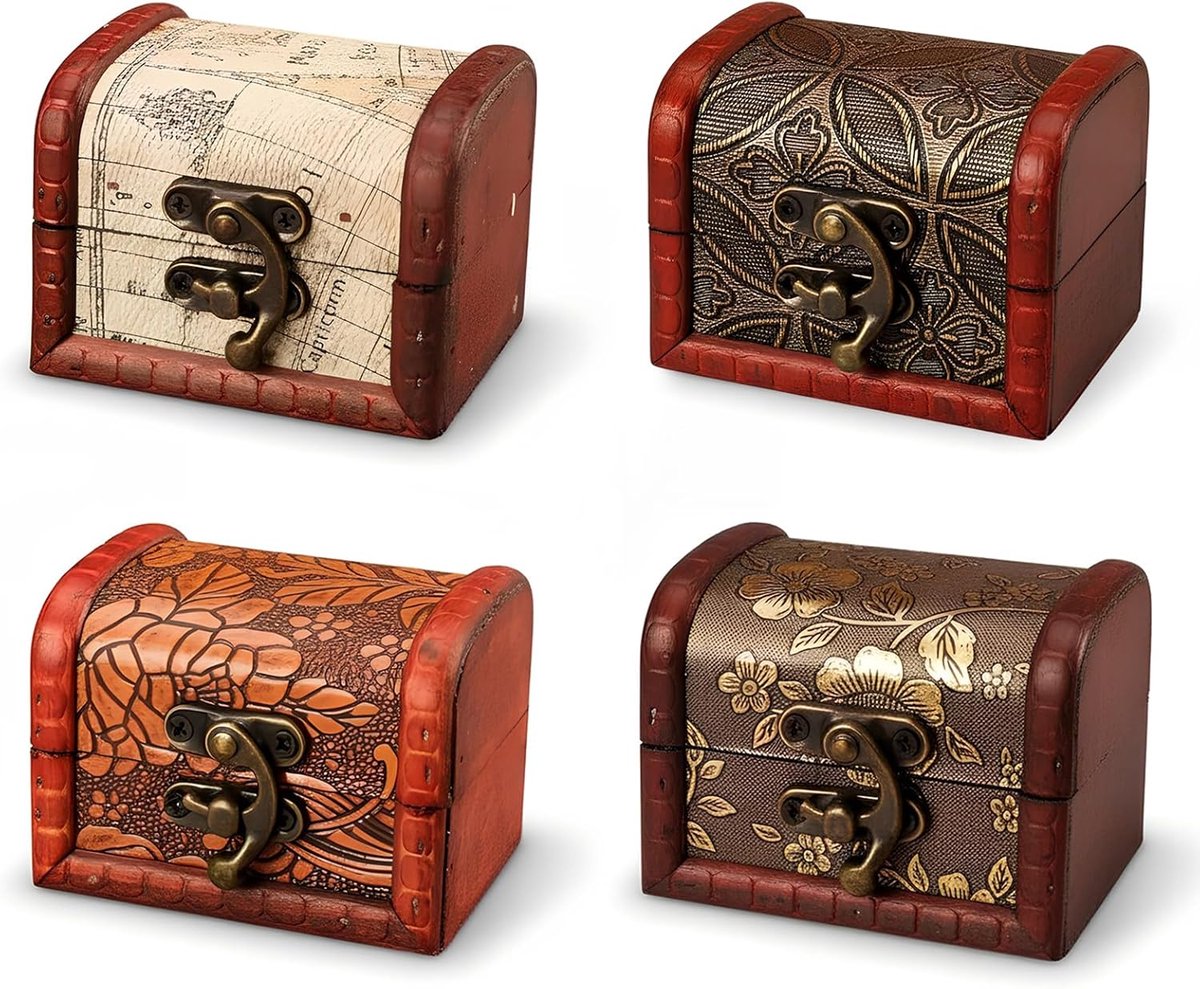 SnelShoppen - Set van 4 Houten Mini Schatkisten, Vintage Decoratieve Dozen met Deksel, Kleine Opbergdozen voor Sieraden, Oorbellen, Kettingen in 4 Uni
