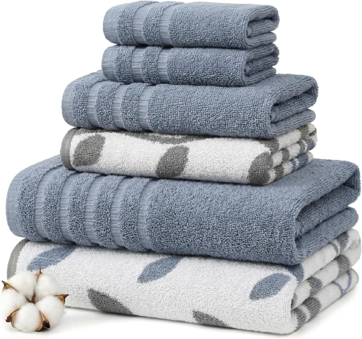 SnelShoppen - 6-delige Geweven Handdoekset, Organisch Katoen, Jacquard en Effen, Blauw, Badhanddoek 27x54cm, Handdoek 16x28cm, Wasdoek 33x33cm, Machin