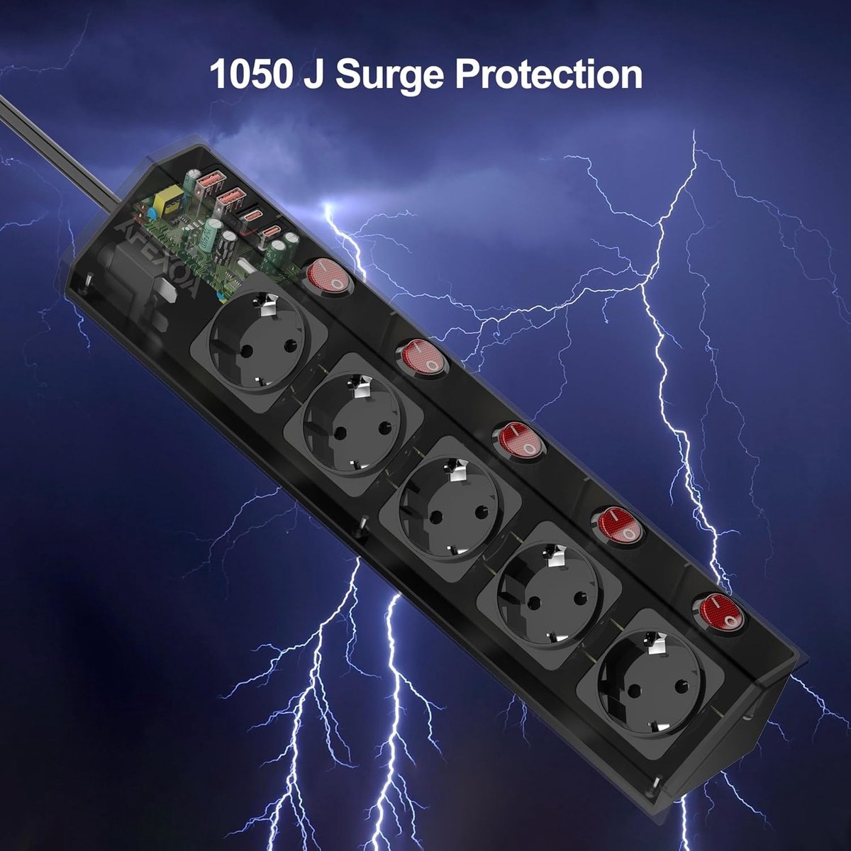 SnelShoppen - 5-socket USB stekkerdoos met 5 schakelbare sockets, overspanningsbeveiliging, 1 USB-C en 3 USB poorten, 3680W/16A, 2 meter kabel voor th