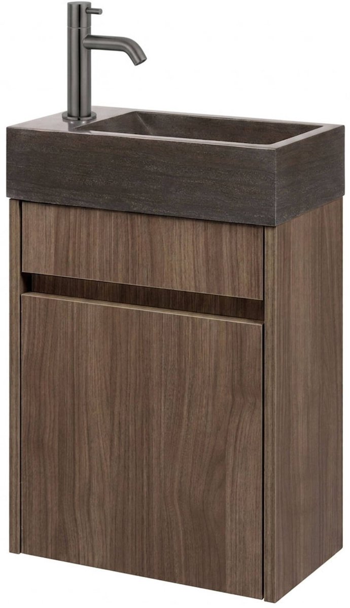 Saqu Florence fonteinmeubel noten urban incl. natuurstenen fontein en gunmetal kraan links