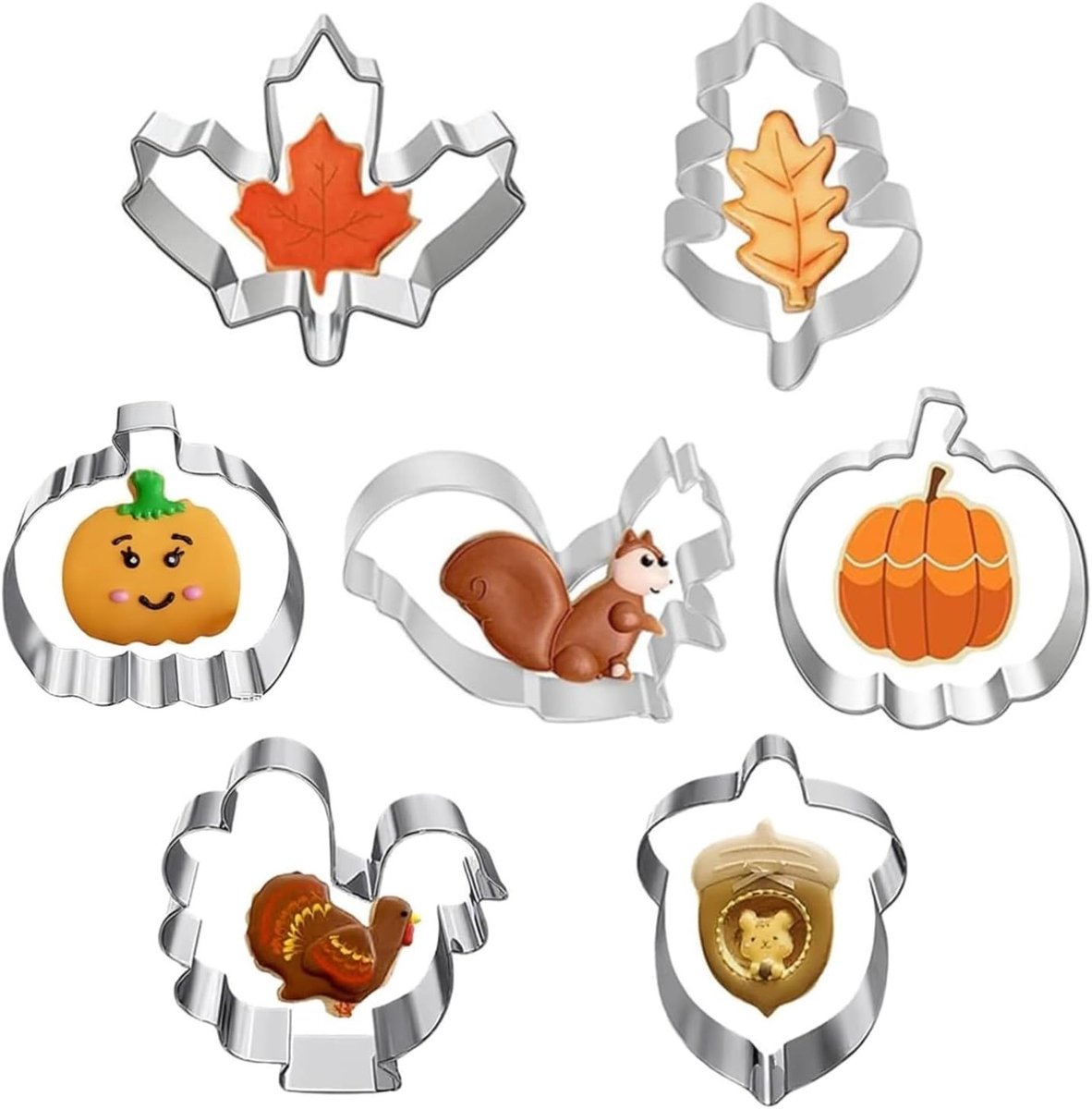 Set van 7 Uitsteekvormen voor Bakken - Roestvrij Stalen Vormpjes voor Herfst, Thanksgiving en Feestdagen met Esdoorn, Pompoen en Kalkoen