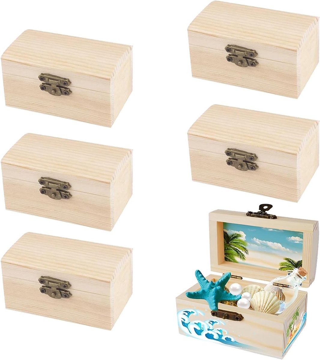 Kleine Houten Schatkist, Set van 6 Stuks, Ideaal voor Opslag van Sieraden en Kleine Voorwerpen, Met Deksel en Rectangulaire Vorm