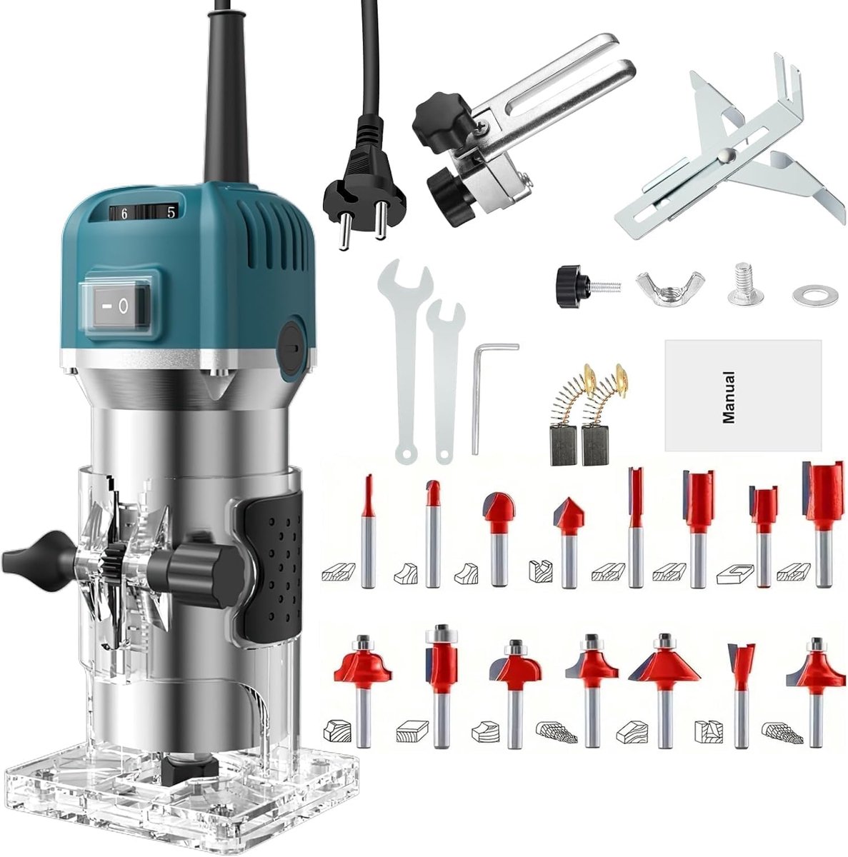 SnelShoppen - Bovenfrees 800W, 6 Variabele Snelheden, 30000 RPM Handfreesmachine met 15 Freesbits voor Afschuinen, Groeven en Houtbewerking