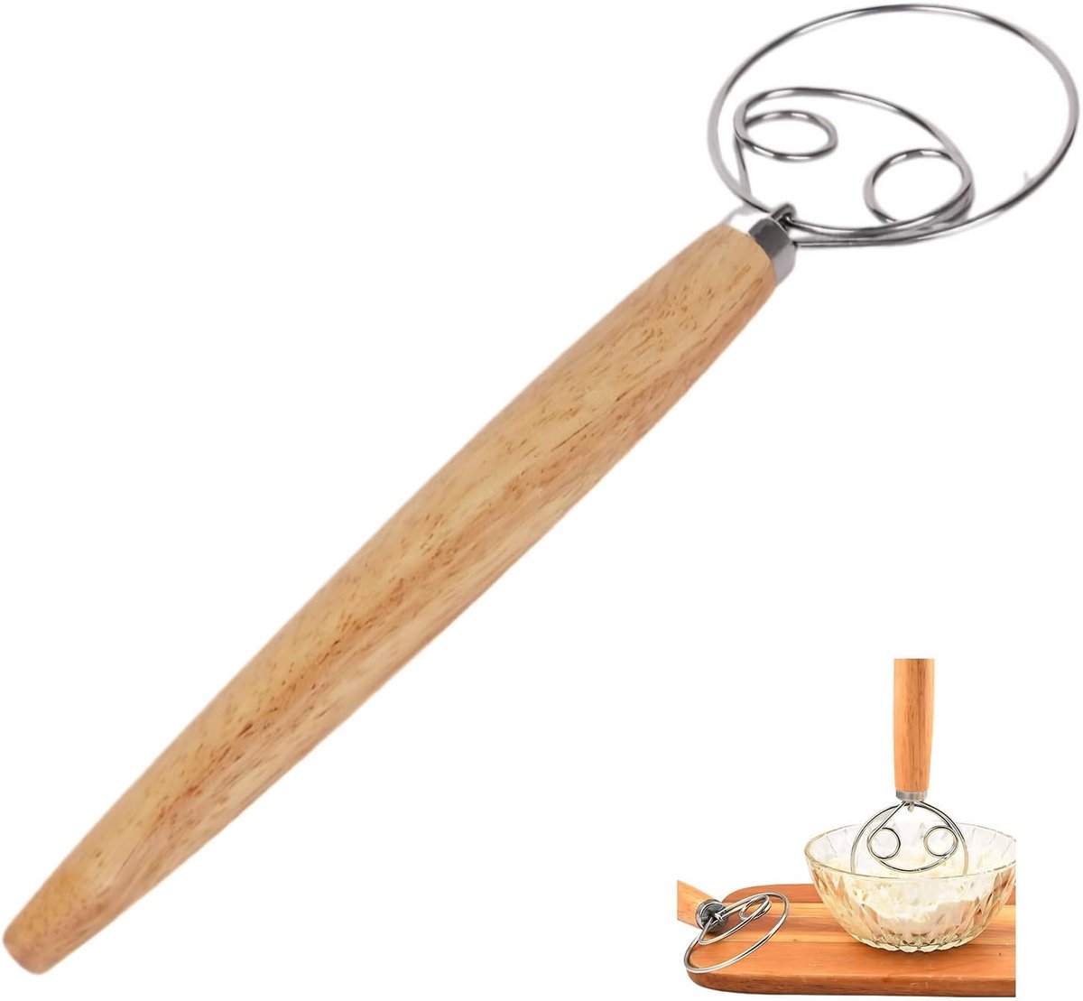SnelShoppen - Danish Whisk RVS Deegmixer met Houten Handvat voor Brood, Deeg, Taart en Gebak - Snelle Mengfunctie en Duurzaam Design