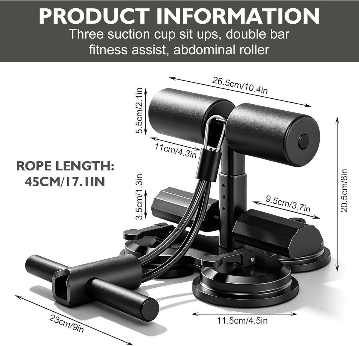 SnelShoppen - Draagbare Sit Up Bar met 3-Traps Instelling, Zelfzuigende Sit Up Assist, Drie Zuignappen voor Stevige Grip, Trekkoord voor Thuisgym en F