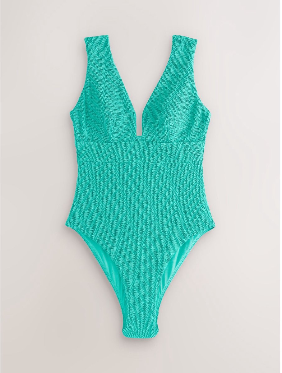 Next Dames - Vormgevend en buikcorrigerend petite diep uitgesneden badpak - Petite - Groen Aqua Green Crinkle Textured
