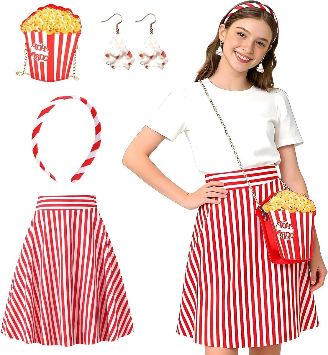 Vintage 50s Popcorn Kostuum voor Carnaval met Rood-Witte Gestreepte Rok, Schoudertas, Oorbellen en Haarband voor Circus Cosplay Feestjes
