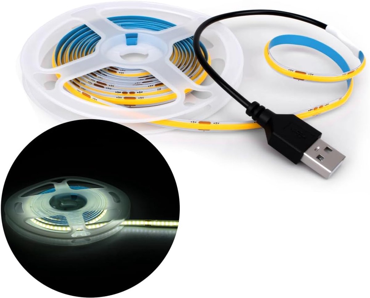 SnelShoppen - 1M COB LED Lichtstrip 5mm Breed 5V 6000K USB Verlichting met 320 LEDs/m voor Feest, Keuken, Tuin, Camping en Decoratie