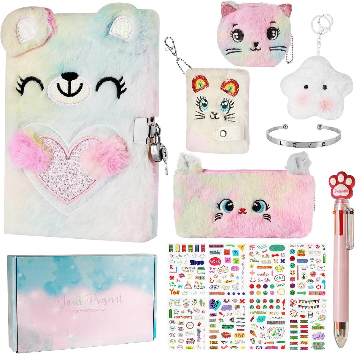 SnelShoppen - Secret Diary voor Meisjes met Slot, Pluche Dagboek Set met Stickers, Kleurpotloden, Pennen, Pennenzak en Armband, Perfect Cadeau voor Ki