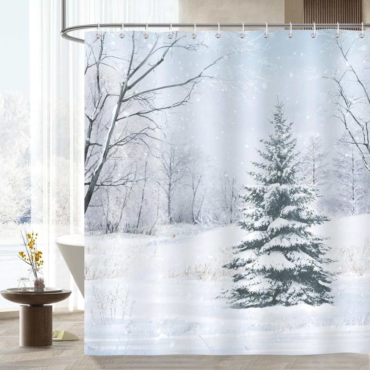 SnelShoppen - Polyester Douchegordijn Waterdicht Schimmelvrij Wasbaar 180 x 180 cm met 12 Haakjes - Winterse Bosscene