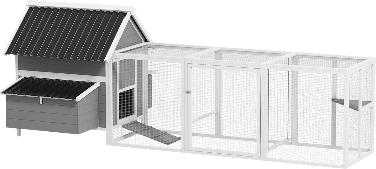 Kippenhok 283x133,5x112 cm – Kippenhuis met Buitenren voor 7–10 Kippen – Wit/Grijs