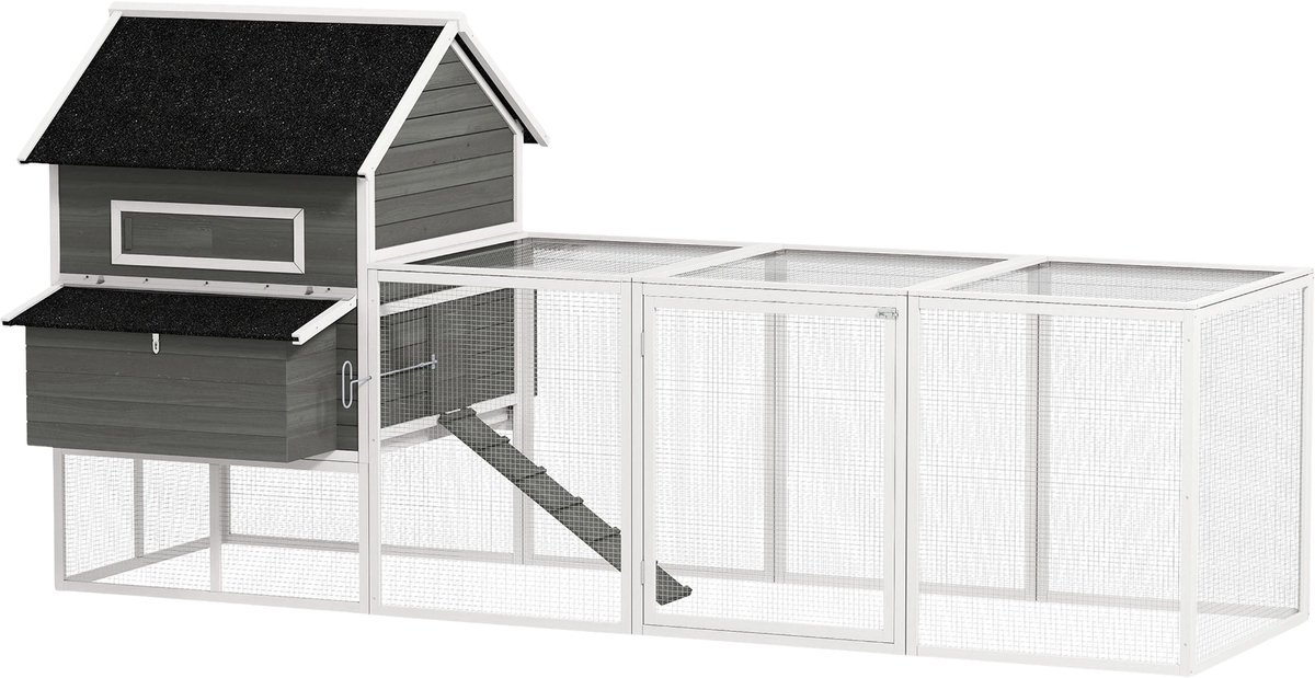 Kippenhok 347x160x150 cm – Houten Kippenhuis met Ren, 2 Legnesten & Asfaltdak – Grijs