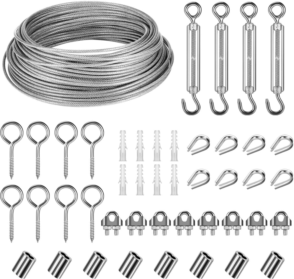 SnelShoppen - Wire Rope 3 mm RVS 30 m Kabelset - Inclusief Spanners, Oogschroeven, Kabelklemmen - Voor Gordijnen, Waslijnen, Klimplanten en Tuinprojec