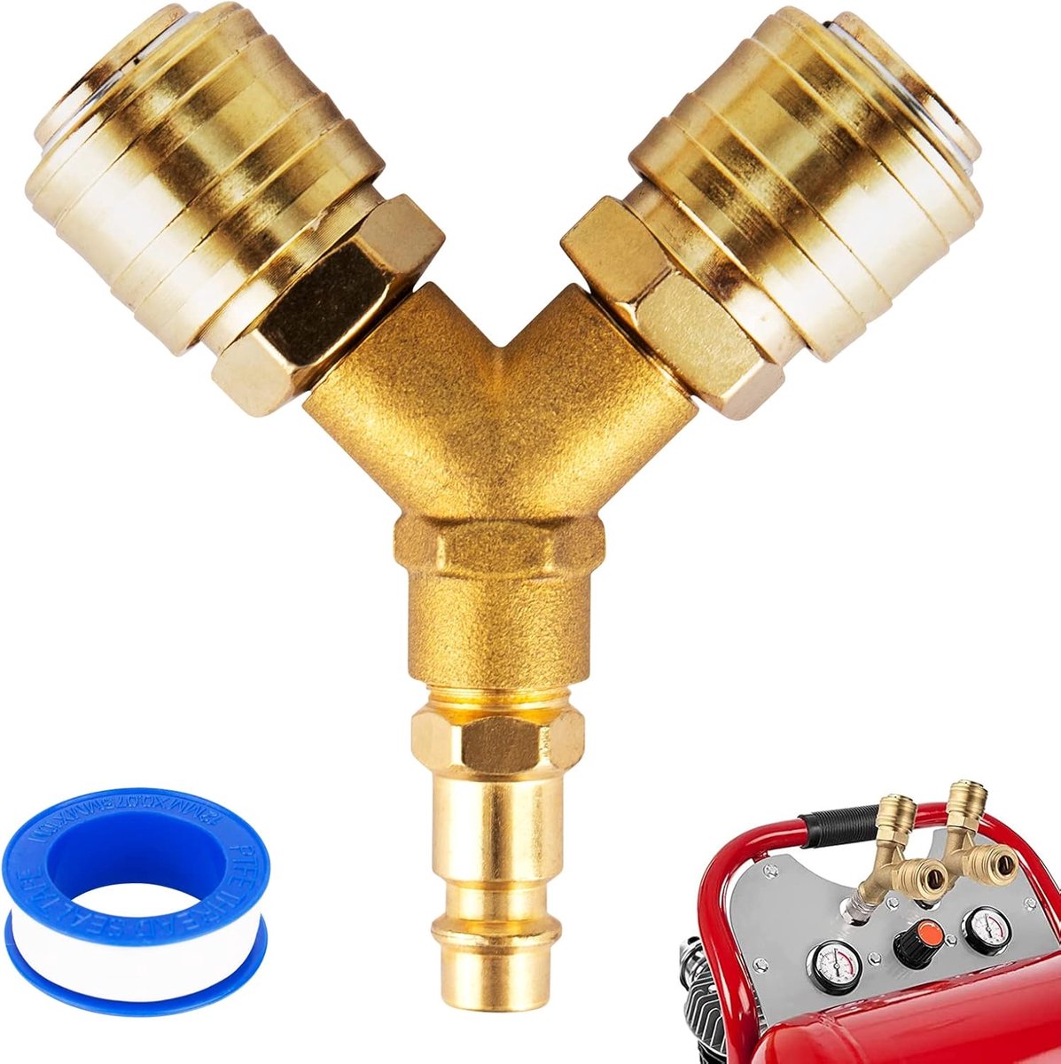 SnelShoppen - Compressed Air Manifold 2-Gang met 2 Couplings 1/4 Inch Snelle Ontkoppeling Messing Y-Manifold met Dichtingringen voor Compressie en Tui