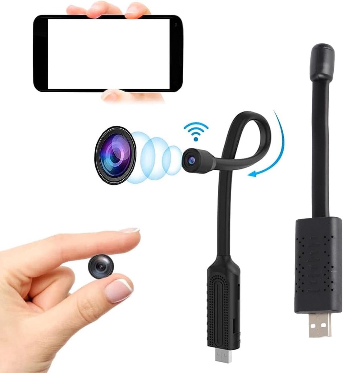 SnelShoppen - Mini Camera met USB Verbinding, Draadloze WiFi Beveiligingscamera 1080P, Ideaal voor Thuis, Tata, en Verborgen Bewaking met Houder
