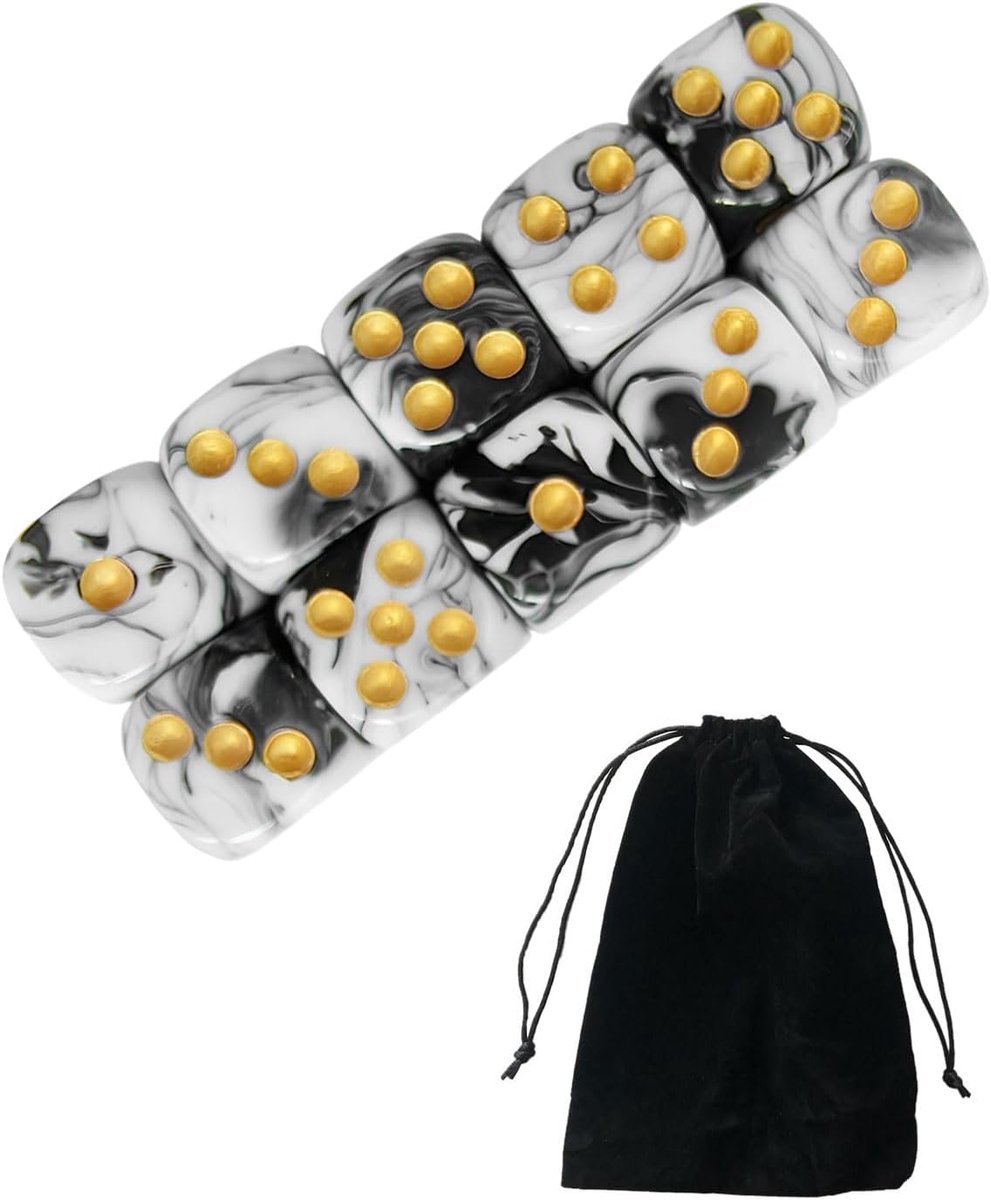 SnelShoppen - 10 Stuks Dobbelstenen 16 mm D6 Acryl Wit-Zwart met Stoffen Tas - Perfect voor Bordspellen, Rollenspellen, Tafelspellen en Wiskundeonderw