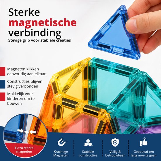 Close-up van een hand die een blauwe magnetische tegel vasthoudt. De tegels klikken stevig aan elkaar voor stabiele constructies.