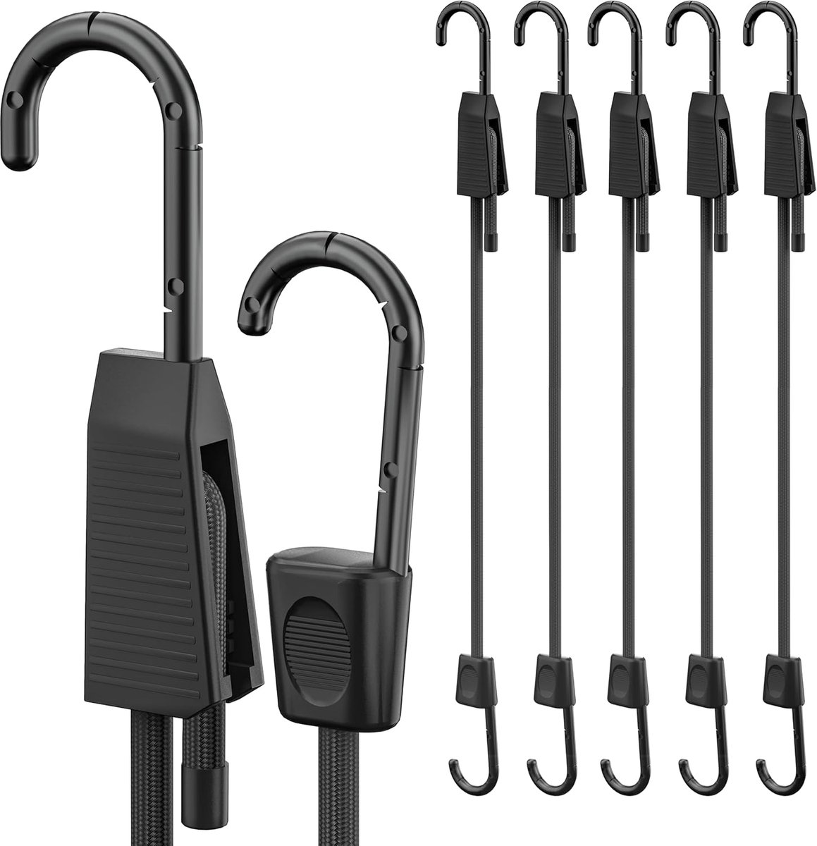 SnelShoppen - Rugtol Bungee Cords met Haakjes, Verstelbare Heavy Duty Elastische Bungee Straps 45cm Zwart, Sterke en Duurzame Bungee Koorden voor Beve