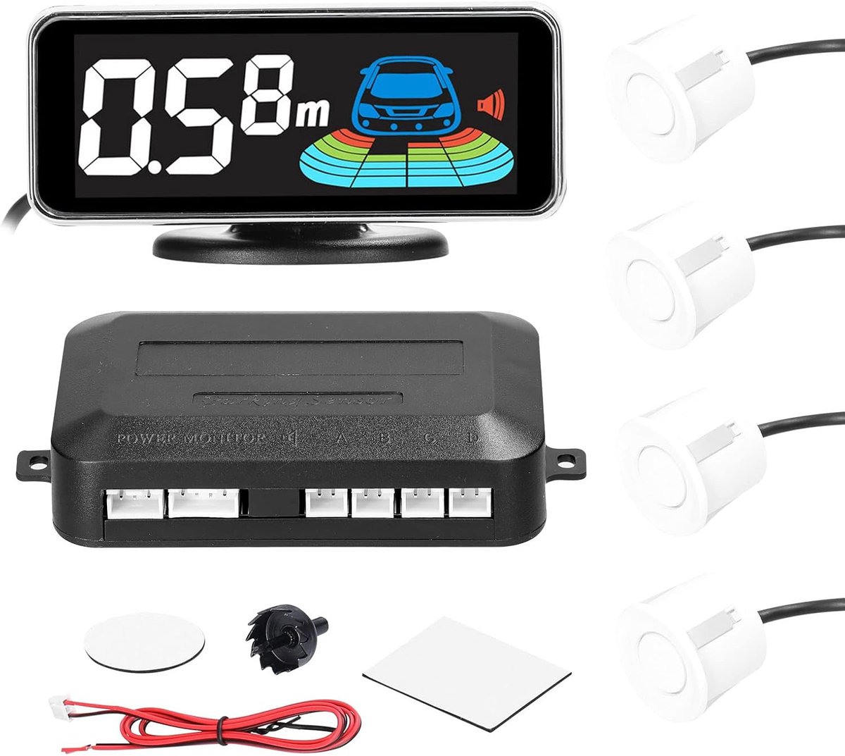 SnelShoppen - Car Parking Sensor Kit met 4 Sensors, LCD Display, Alarm Geluid, Afstandsmeter voor Auto, Achteruitrijcamera, Precisie 30-250 cm
