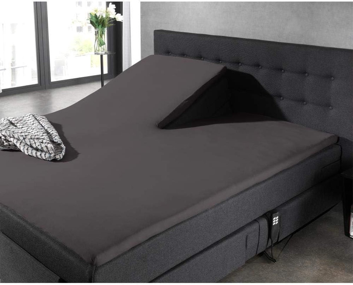 Thijox - Splittopper Hoeslaken 160x200 cm - 100% Katoen, Antraciet, Geschikt voor Elektrische Bedden, Strijkvrij, 90 cm Splitdiepte, Met Elastiek Hoek