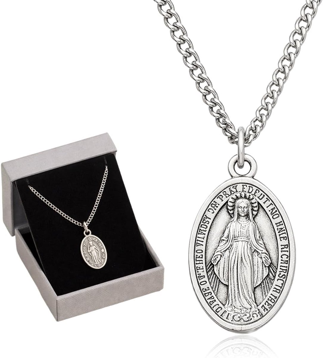 SnelShoppen - Elegant Madonna Medaille Ketting - Zilveren Relikwie Pendant - Ovalen Vorm - Perfect Cadeau voor Valentijnsdag - 45+5 cm
