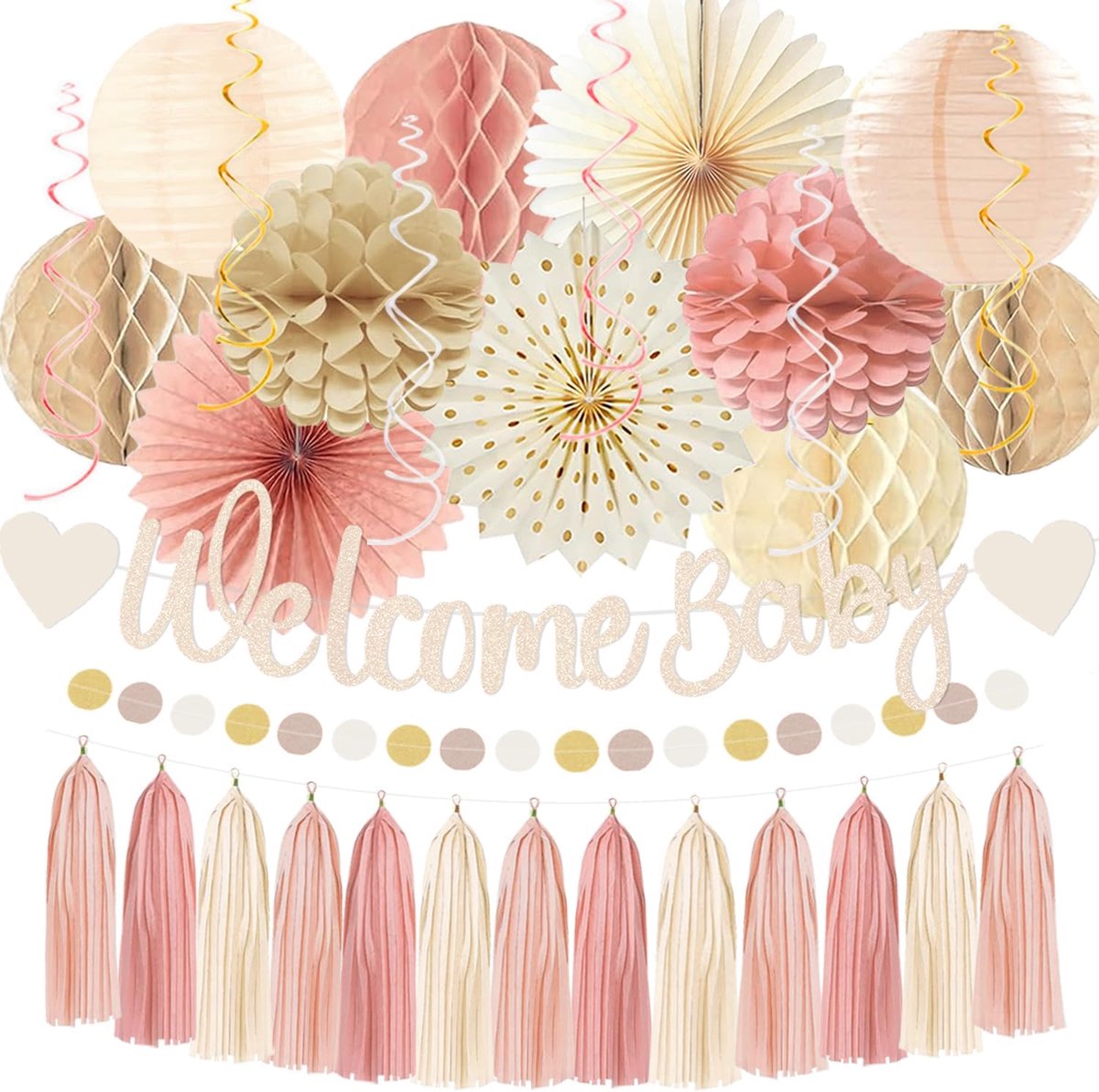 SnelShoppen - Boho Baby Shower Decoratie Set voor Meisjes - Dusty Pink, Beige en Champagne - Welkom Baby Banner met Honecomb Ballen, Papieren Bloemen,