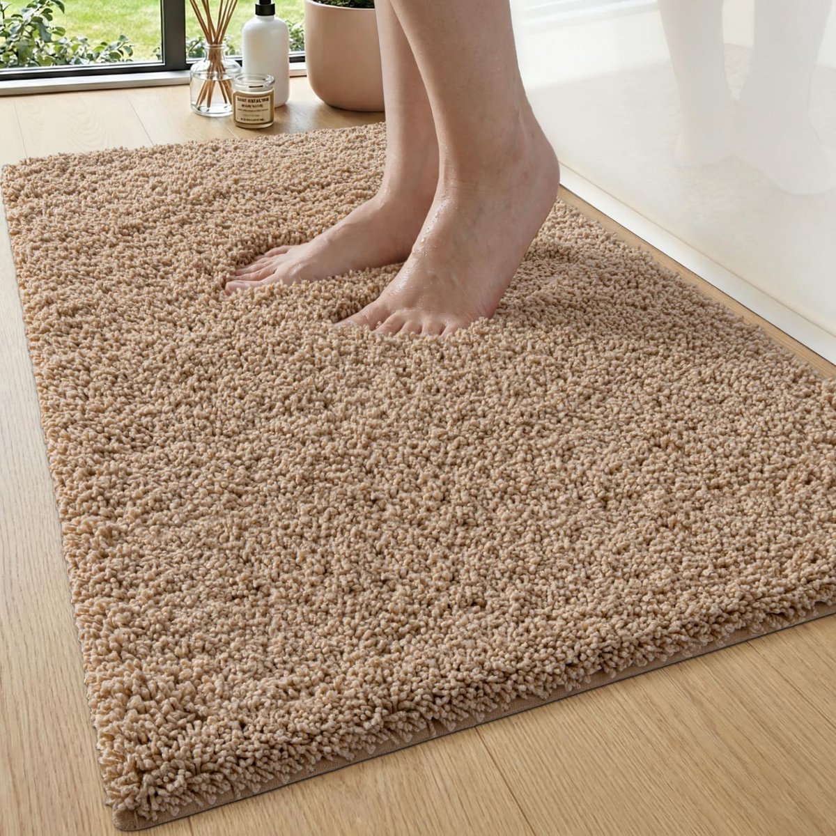SnelShoppen - DEXI Badmat Extra Dik 50x80cm, Waterabsorberend en Antislip Badmat, Machinewasbare Badkamer Tapijt in Beige voor Bad en Douche