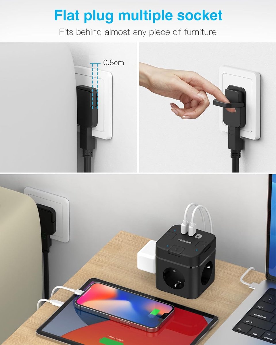 Thijox - 6-in-1 Stekkerkubus met USB C en 3-voudige Kubusvormige Stekkerdoos, Platte Stekker met Afzonderlijk Schakelbaar, Meervoudige Stekker met 4 M