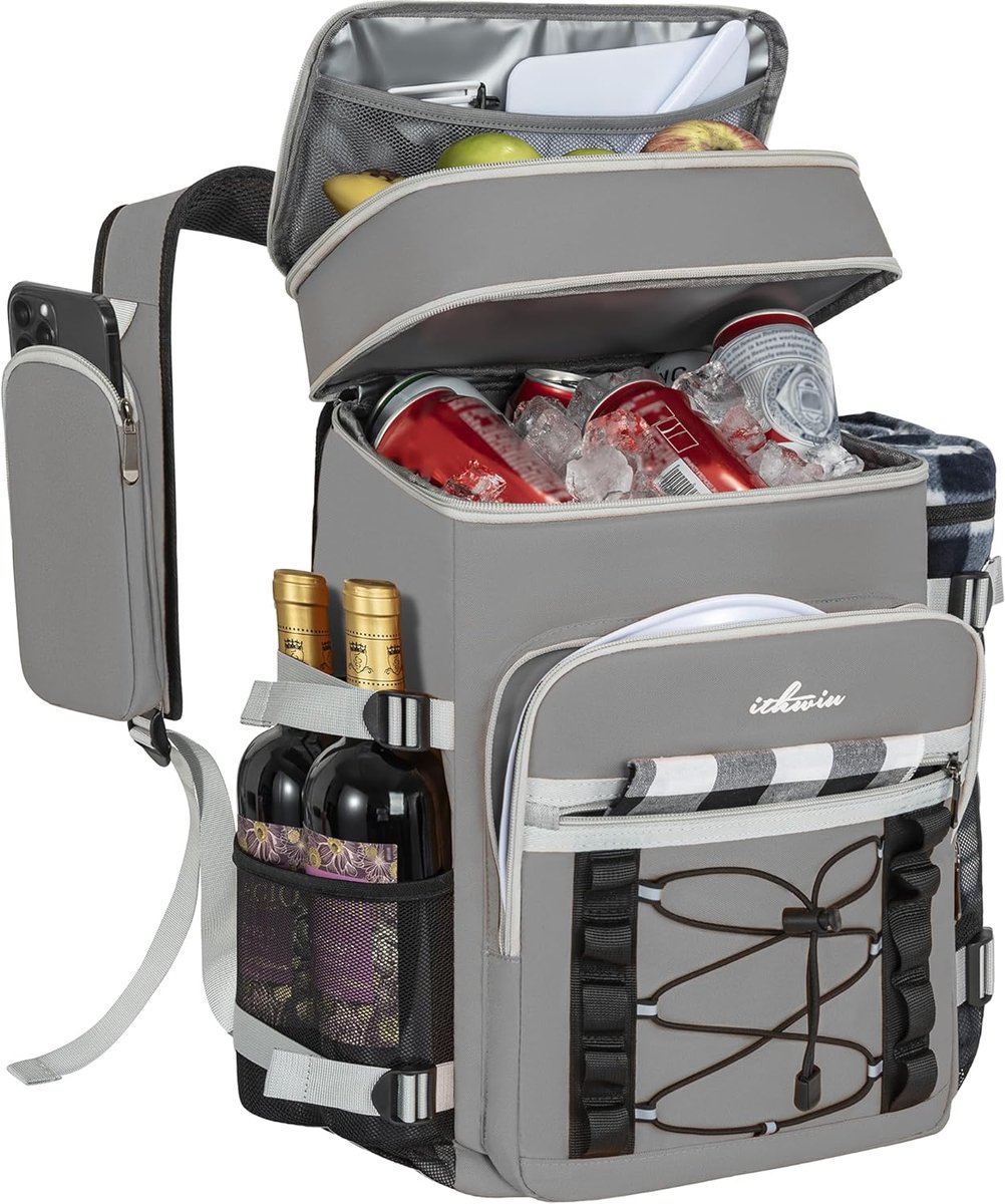 Thijox - OUUTMEE Koelrugzak, geïsoleerde picknicktas met koelvak, lekvrije thermotas voor bier, waterdichte rugzak voor strand, wandelingen en kampere