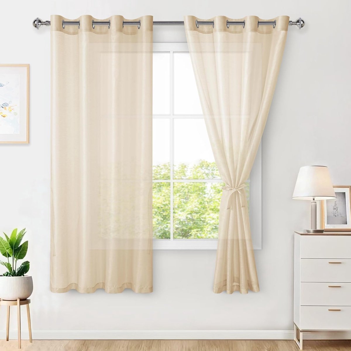SnelShoppen - Set van 2 Transparante Lichte Gordijnen 160x140 cm Beige met Oogjes, Decoratieve Voile Gordijnen voor Woonkamer en Slaapkamer