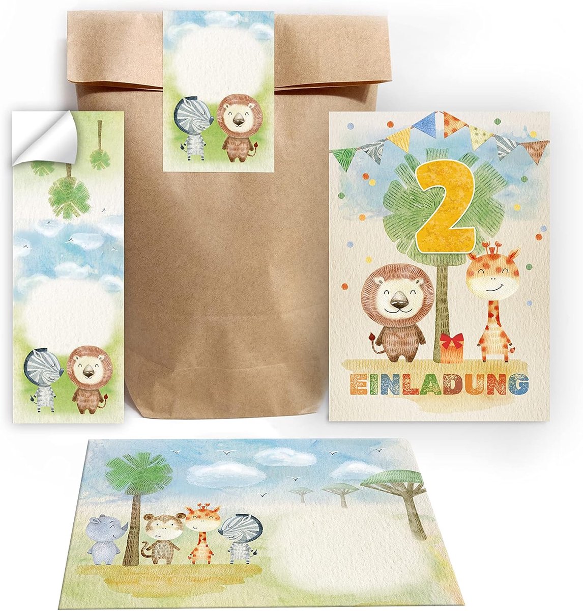 SnelShoppen - 12 Uitnodigingskaarten voor 2e Verjaardag - Dieren Thema - Inclusief 12 Enveloppen, 12 Cadeautasjes, 12 Stickers - Voor Jongens en Meisj