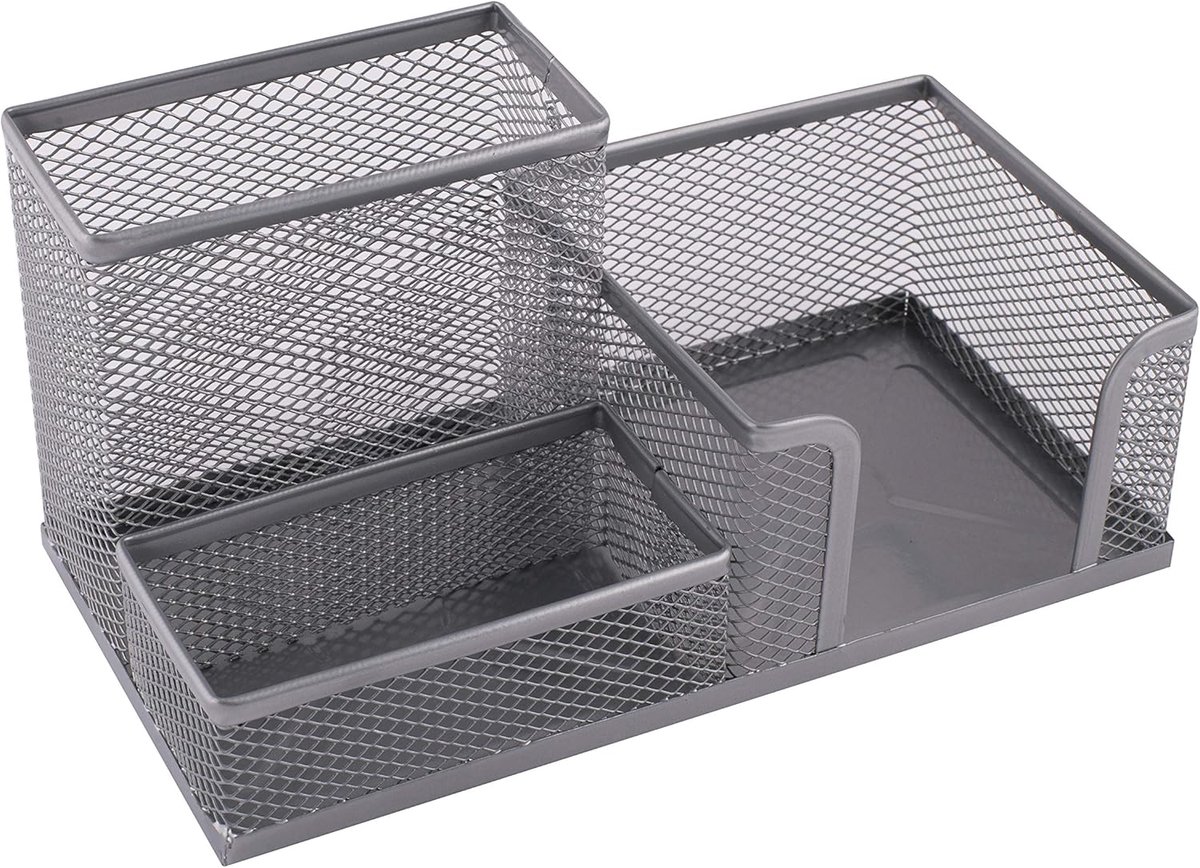 SnelShoppen - Desk Organiser Metalen Pennenhouder Bureau Organizer 3 Compartimenten Mesh Notitiehouder 205x103x98mm Zilver