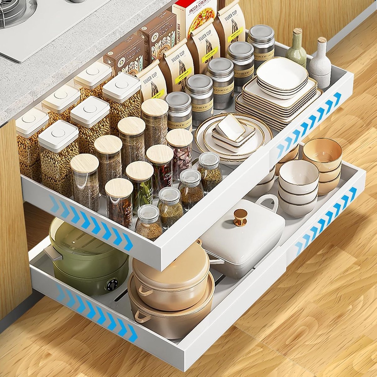 SnelShoppen - Telescopische Uittrekbare Keukenlade Planken Organiser 2 Stuks, Verstelbare Breedte 31.5cm tot 52cm, Geen Boren, Onderkast Rail Systeem,