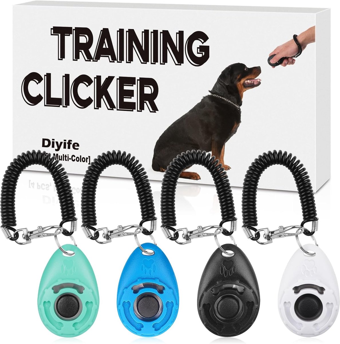 SnelShoppen - 4 Pack Dog Clicker Multi-Colour met Grote Knop en Polsband voor Honden, Katten en Paarden - Cyan, Blauw, Zwart, Wit - Ideaal voor Dieren