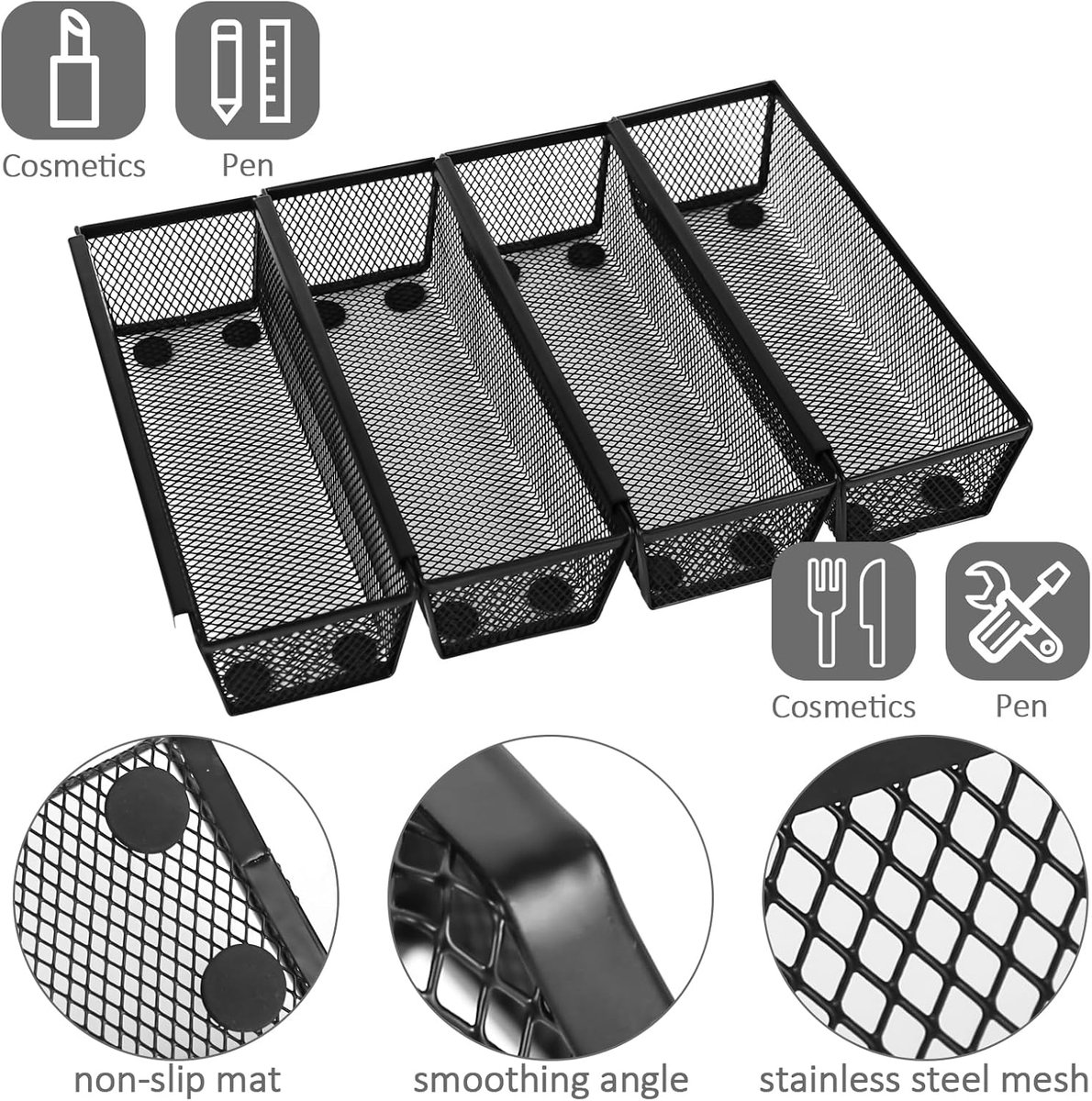 SnelShoppen - Cutlery Organizer Keukenlade - Uitbreidbare Bestek Organizer met 4 Compartimenten - Roestvrijstalen Messenbakje met Antislip Voeten voor