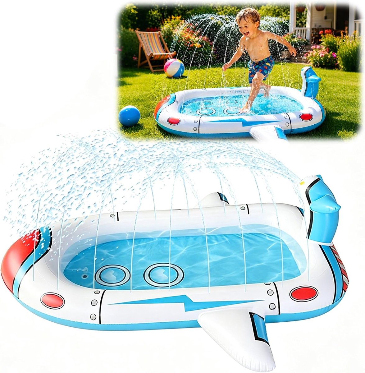 SnelShoppen - Opblaasbaar zwembad voor kinderen met sproeier en fontein, 180x160 cm, blauw wit, ideaal voor tuin, buiten, waterspel, familie, kinderen