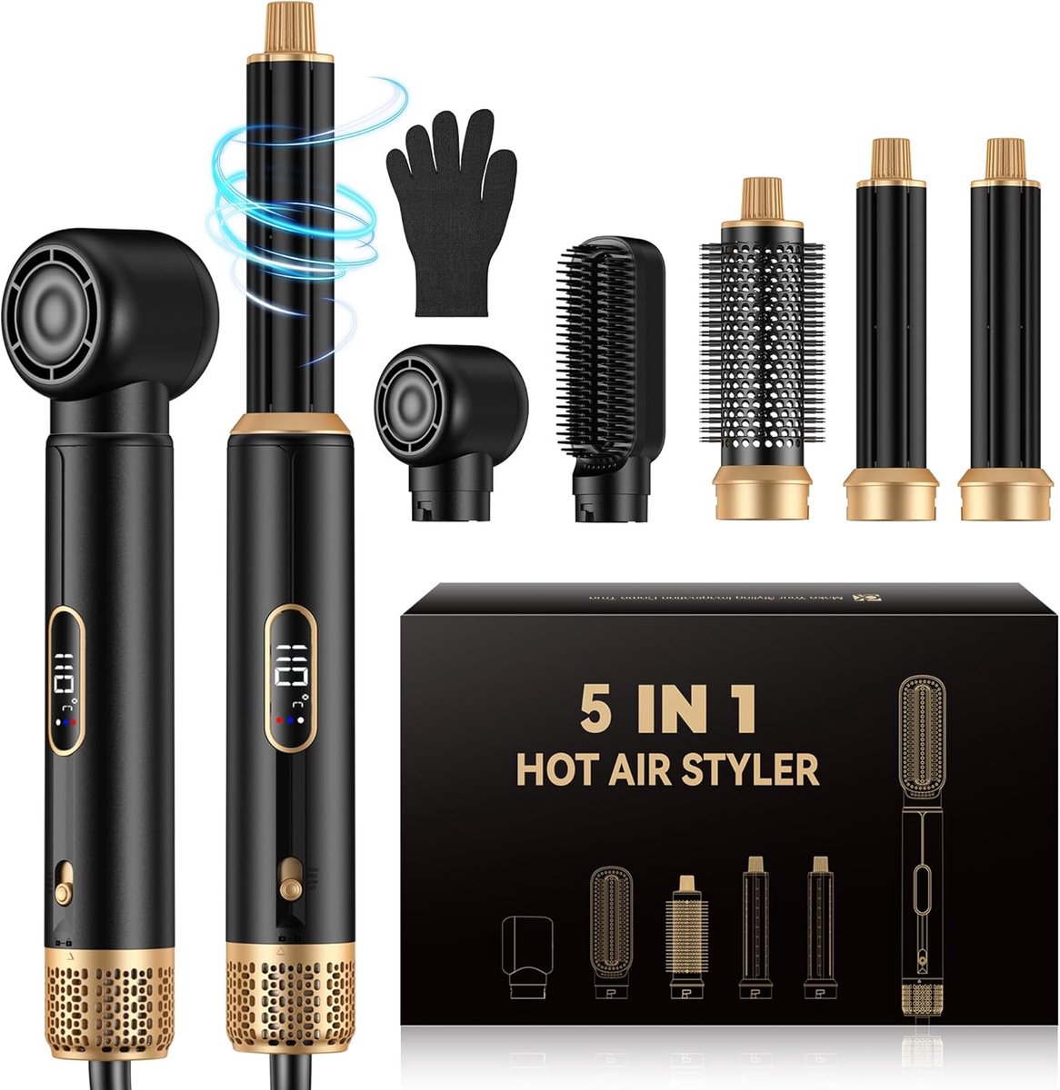 SnelShoppen - 5-in-1 Haardroger, Haarstyler, 1000 W, LCD Air Brush, Krultang, Steiltang, 3 Temperatuurniveaus voor Volumen, Gladmaken, Krullen en Blow