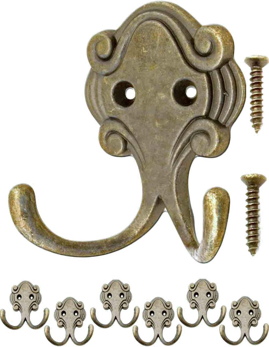 SnelShoppen - 6 Antique Double Hooks, Vintage Wardrobe Hooks in Oud-Brons, Set van 6, Ideaal voor Kleding, Handdoeken, Decoratie