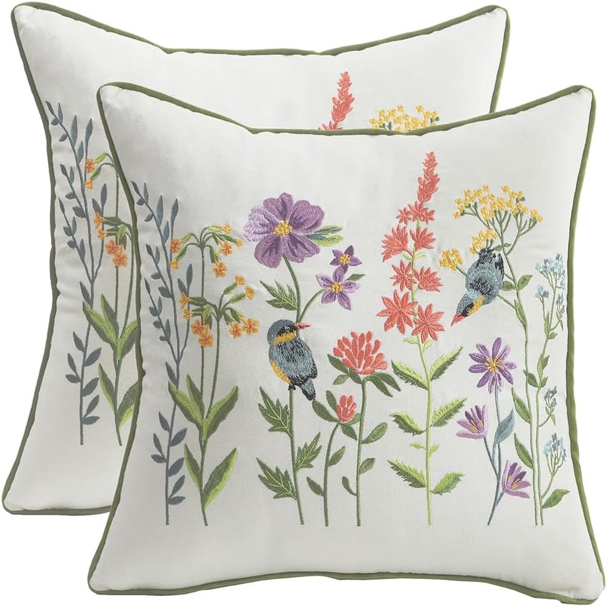 SnelShoppen - Lente Kussenslopen 50x50 cm met Borduurwerk, Vogel- en Bloemenmotief, Luxe Linnen Mengweefsel voor Tuin, Lounge en Woonkamer