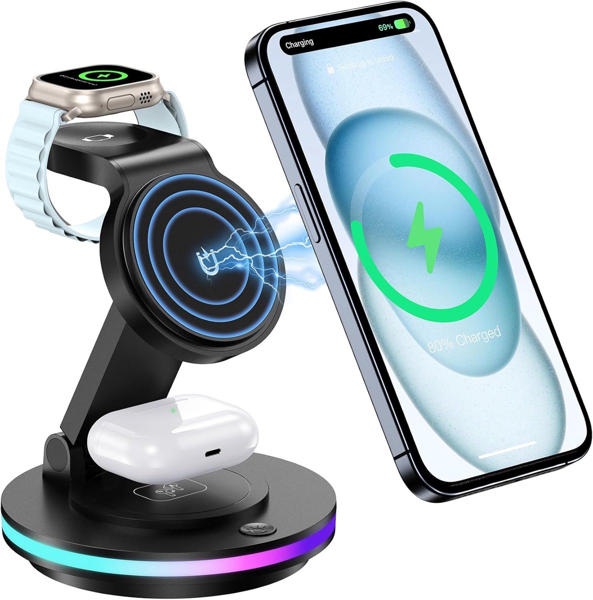 SnelShoppen - 3 in 1 Draadloze Oplaadstandaard met Magnetische Rotatie en Nachtlampje voor iPhone 16/15/14/13, Apple Watch en AirPods - Multifunctione