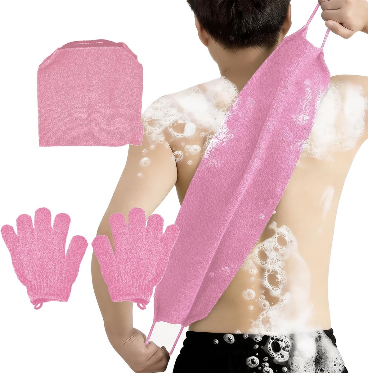 SnelShoppen - Set van 3 Exfoliatie Handschoenen voor het Lichaam, Rug Exfoliator met 2 Douche Handschoenen, Huidverzachter voor Badderen (Roze)