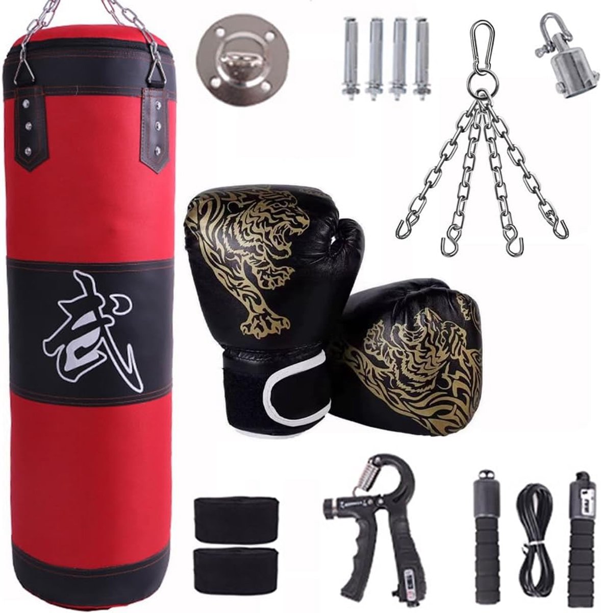 SnelShoppen - Bokszak voor Wandmontage - 15-delige Set, Ongevuld, Zware Bokszakset met Banden, 360 Graden Draaibaar, Perfect voor Muay Thai Training
