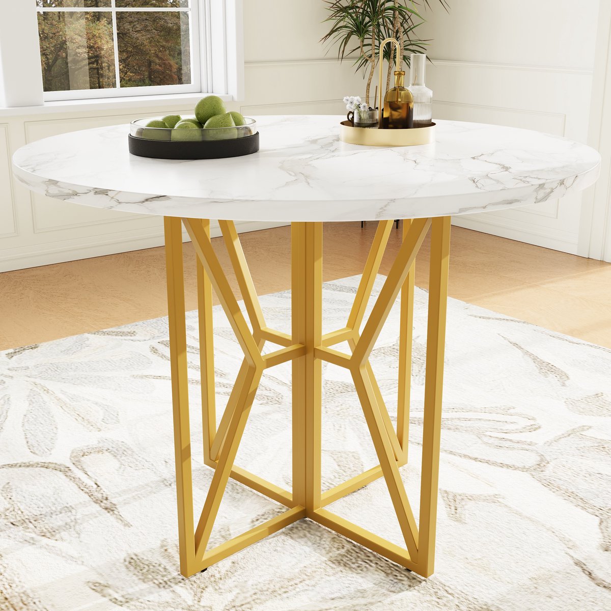 COVREO Eettafel 80x80x76 cm - goudkleurig metalen onderstel, MDF marmerlook fineer blad
