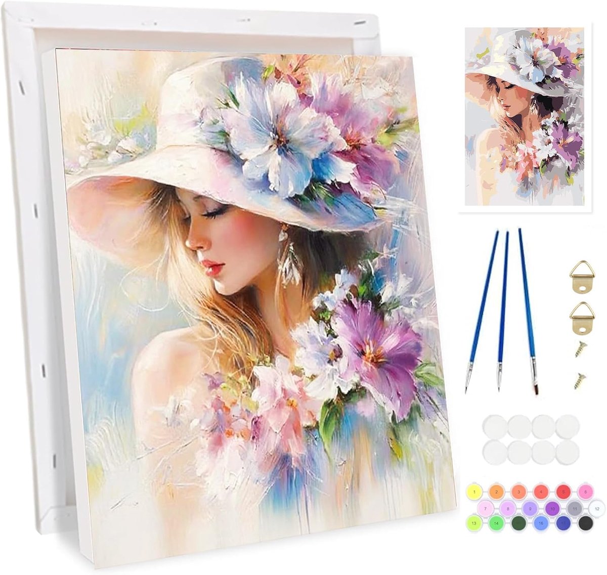 SnelShoppen - Schilderen op Nummer Set voor Volwassenen - Geiblume en Kat Nest - Inclusief Houten Easel, Canvas, Verf en Penselen - Creatieve Hobby vo