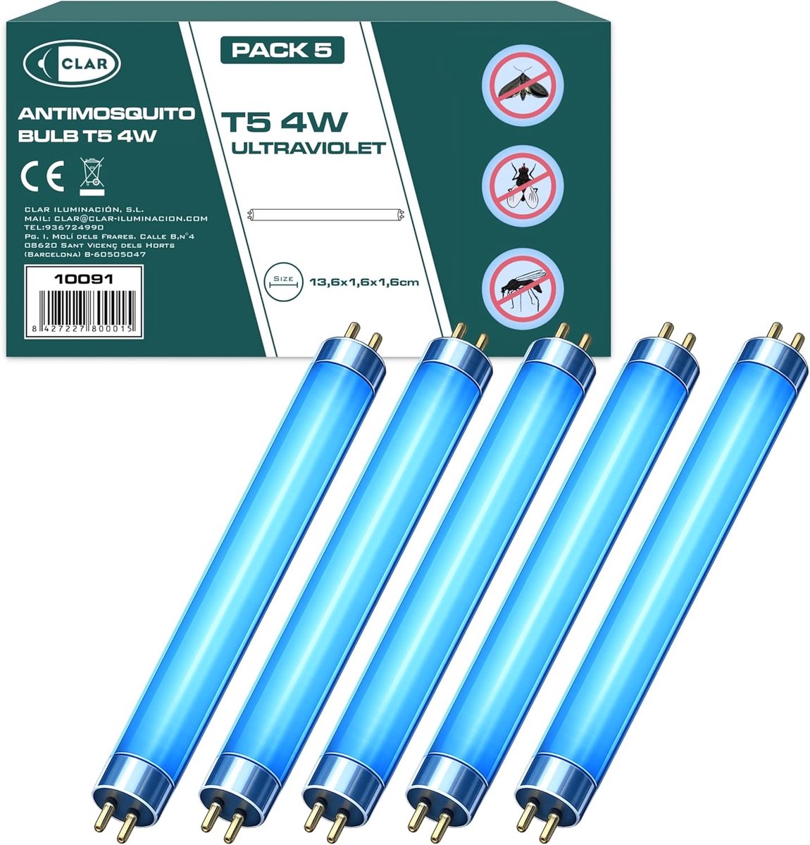 SnelShoppen - UV Fluorescentie Lampen, Anti-Muggen Lamp, Buitenverlichting, Ultraviolet Licht, 5 Stuks, 13.7 x 1.5 cm, 4 Watt T5
