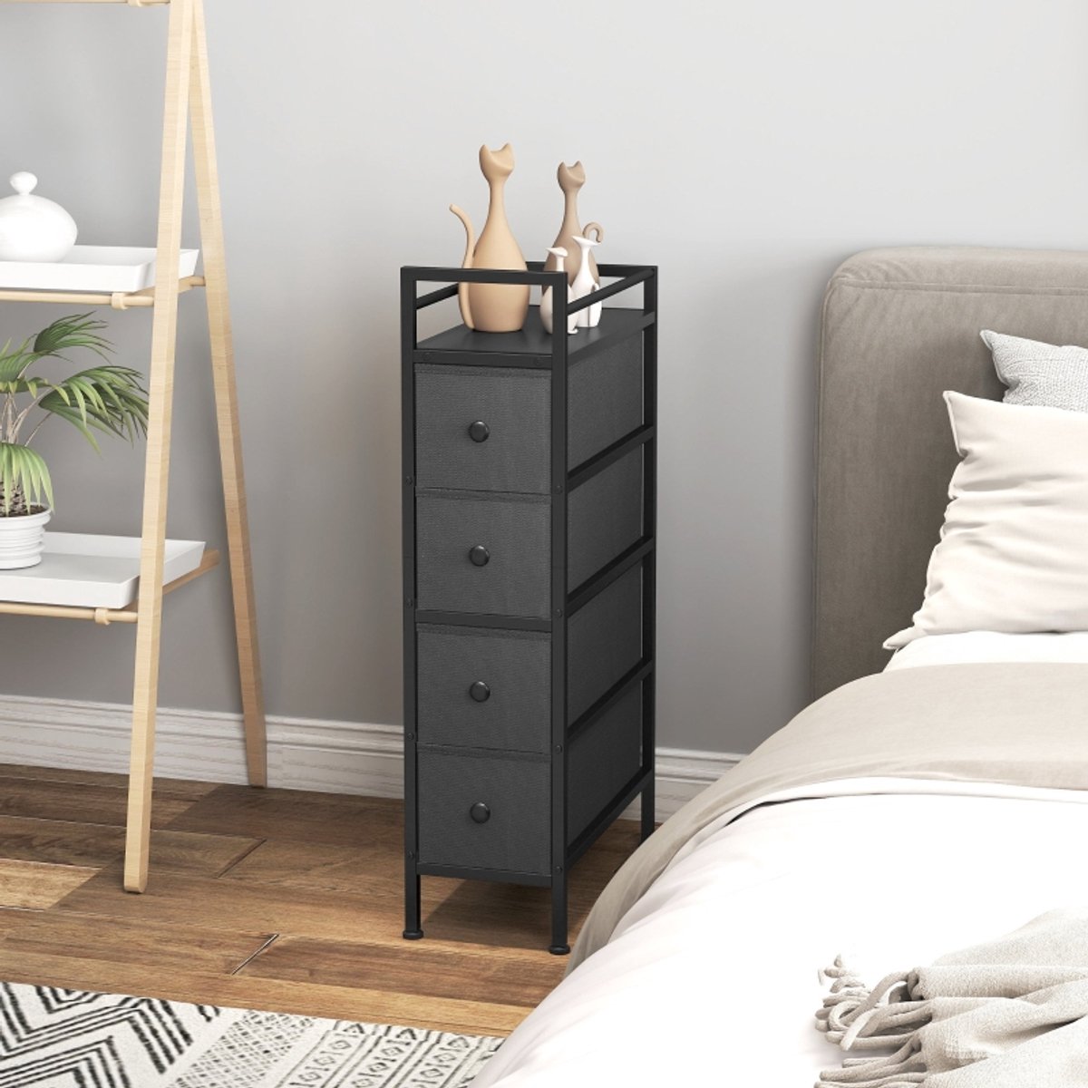COVREO Ladekast 20 x 43 x 81,5 cm - zwart, 4 stofladen, stalen frame voor smalle ruimtes
