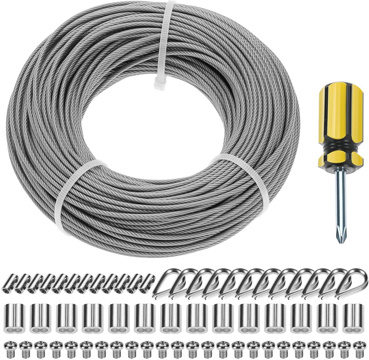 SnelShoppen - RVS Draad Rope Set 50m/2mm - Inclusief M2 Aluminium Squeegee Ringen, Draad Sleeves en Bevestigingsonderdelen voor Tentlijnen, Kledinglij